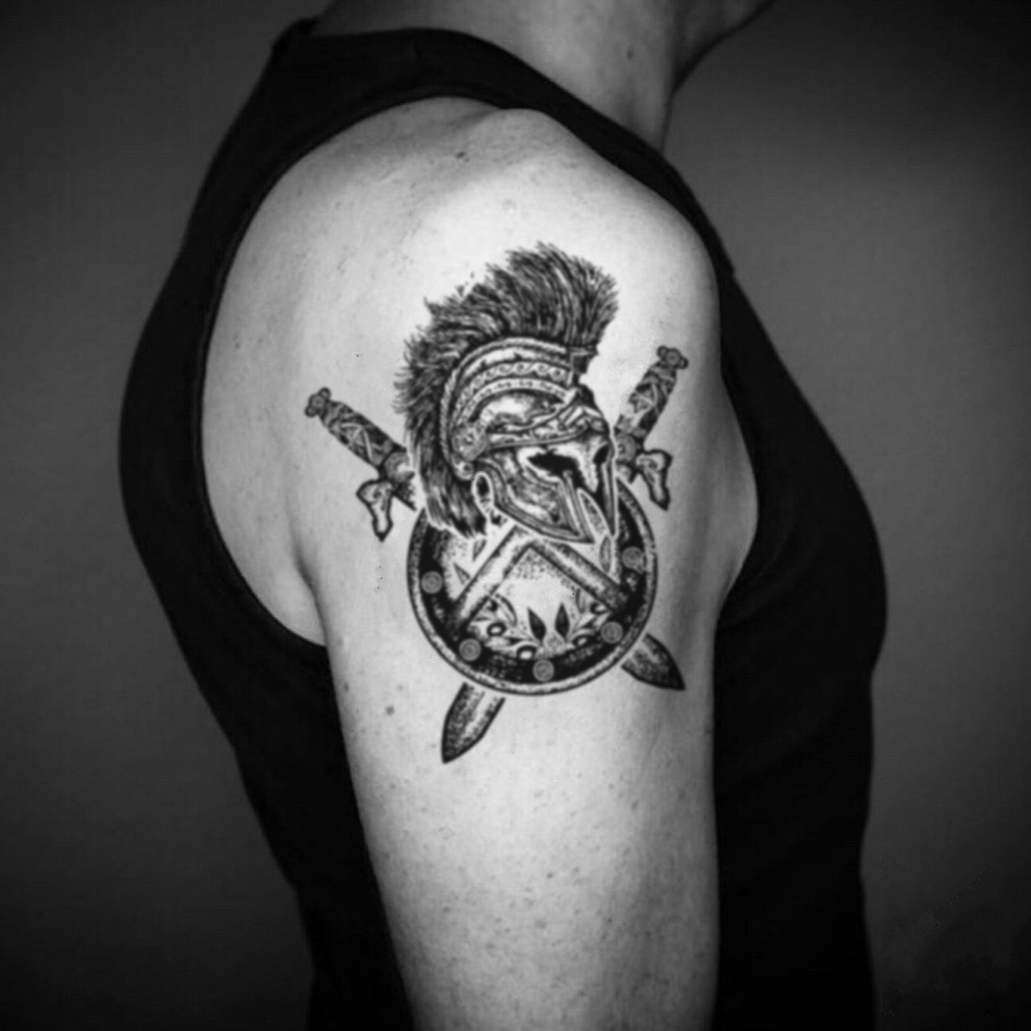 fake big ancient roman illustrative temporary tattoo sticker design idea on upper arm