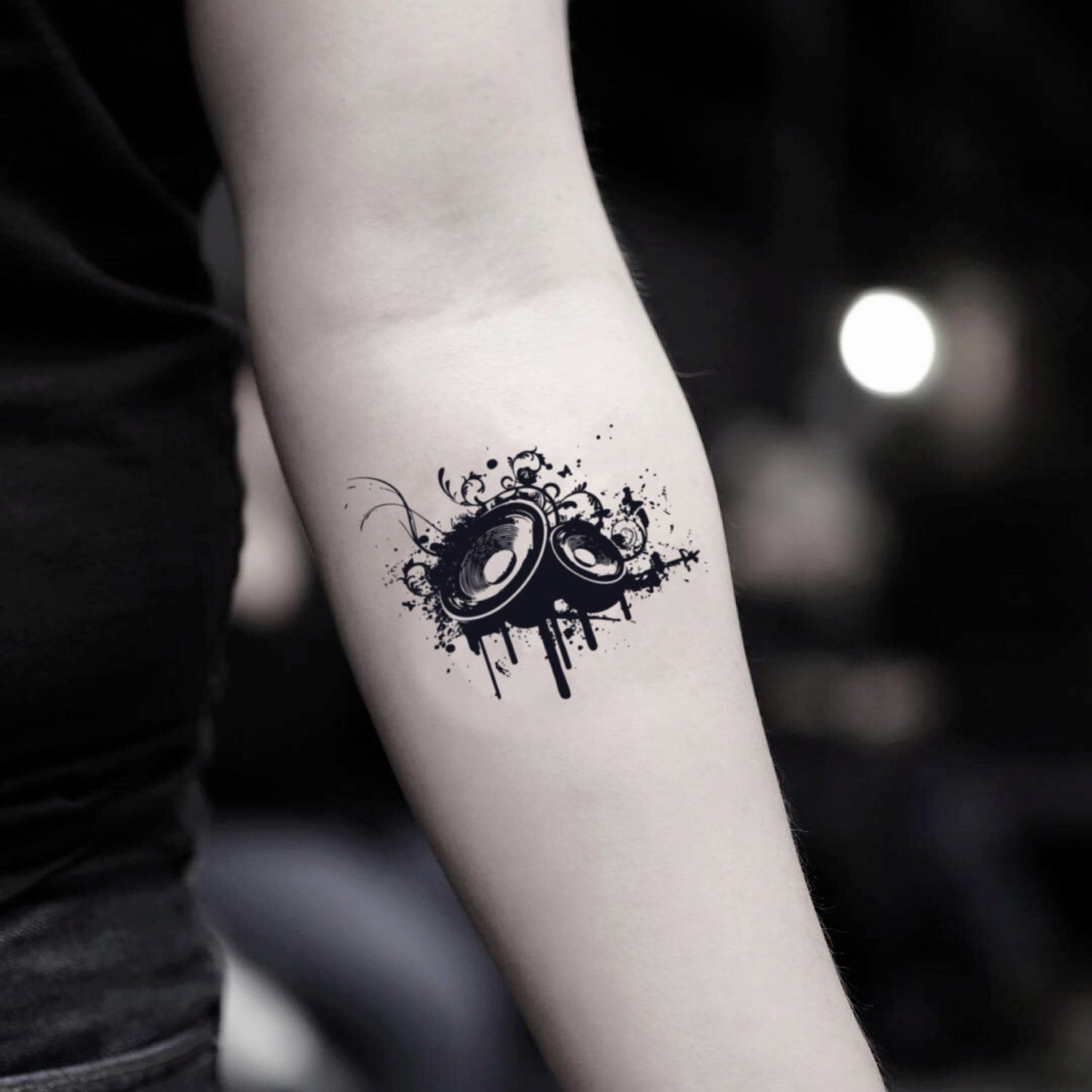fake small speaker illustrative temporary tattoo sticker design idea on inner arm