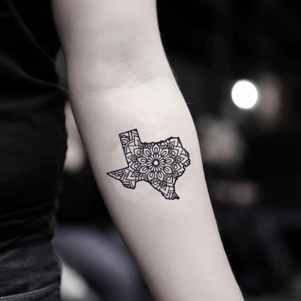 fake small republic of texas mandala map bohemian temporary tattoo sticker design idea on inner arm