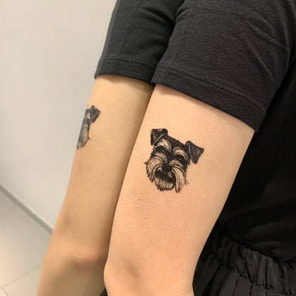 fake small schnauzer yorkshire terrier dog animal temporary tattoo sticker design idea on upper arm
