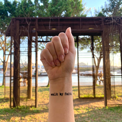 fake small walk by faith foot leg lettering temporary tattoo sticker design idea on wrist