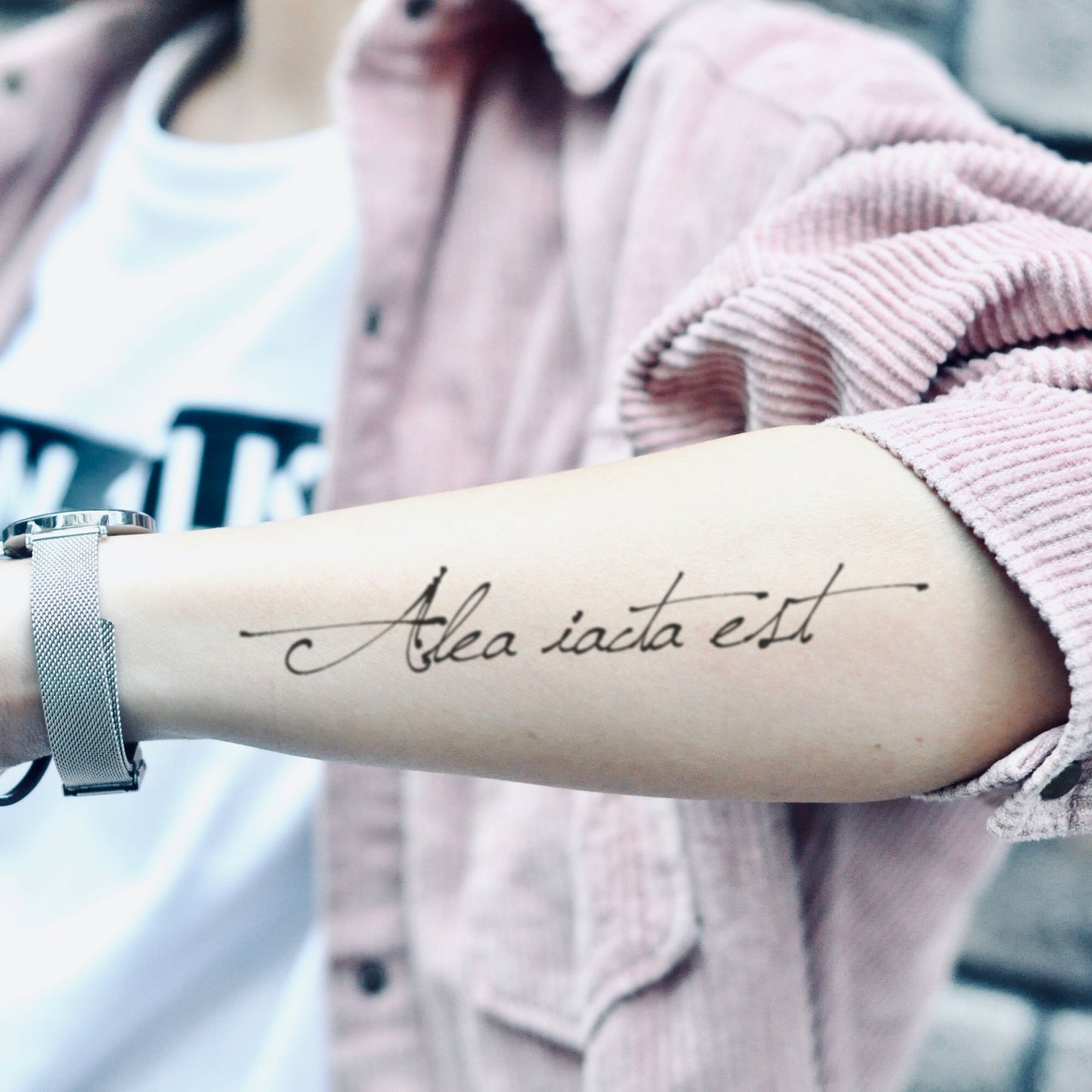 fake medium alea iacta est lettering temporary tattoo sticker design idea on forearm