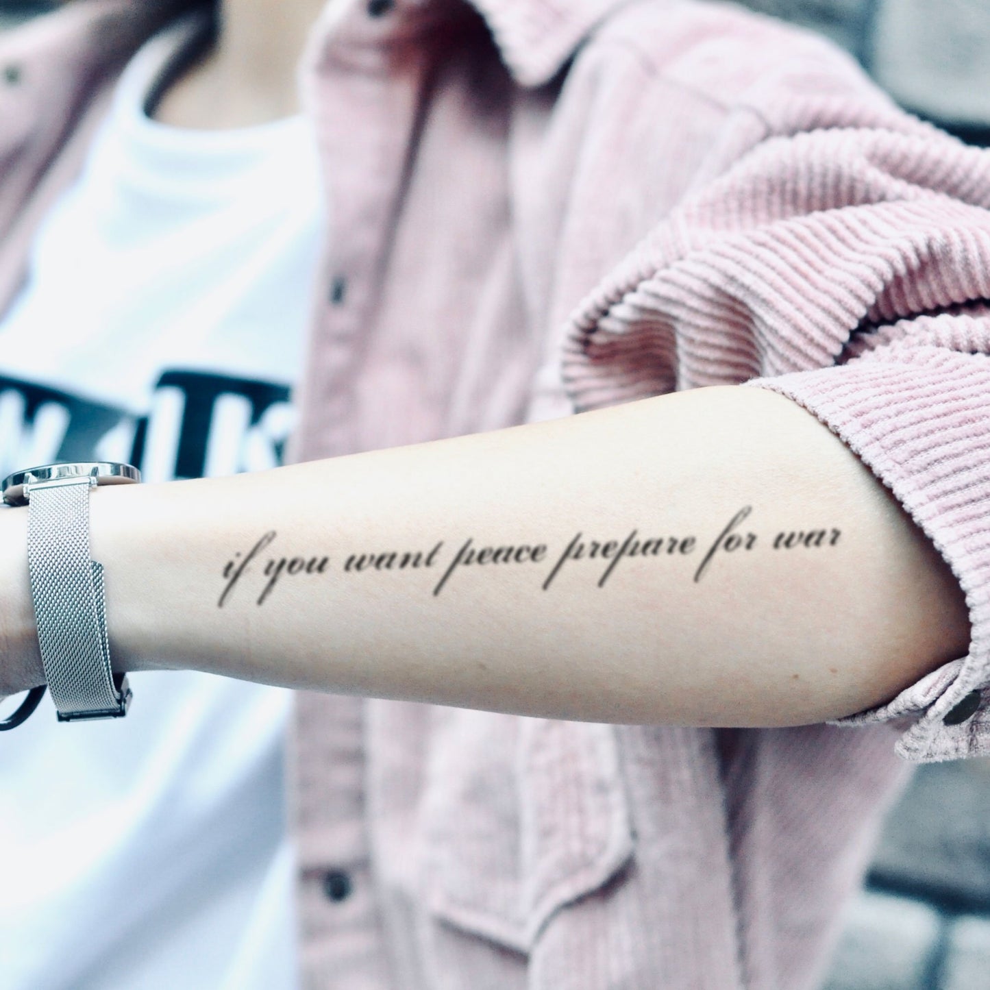 fake medium if you want peace prepare for war lettering temporary tattoo sticker design idea on forearm