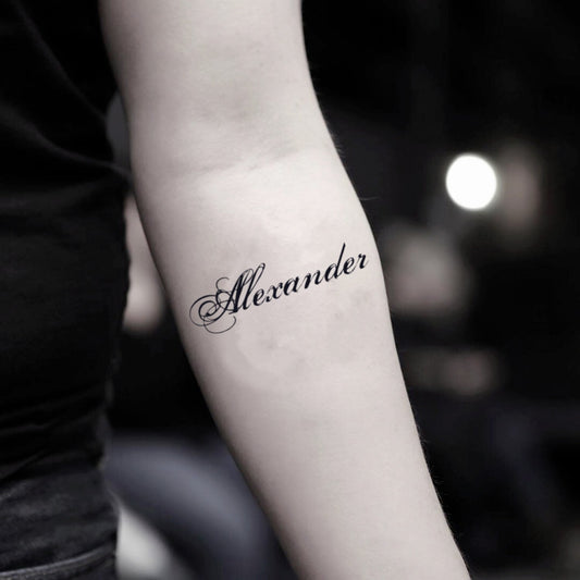 fake small alexander lettering temporary tattoo sticker design idea on inner arm