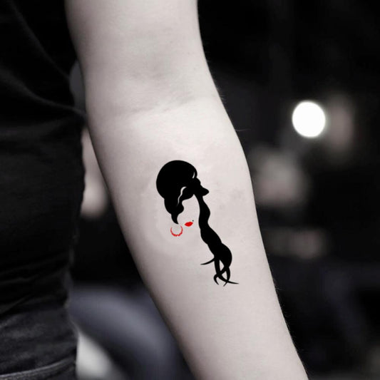 fake small amy winehouse portrait temporary tattoo sticker design idea on inner arm
