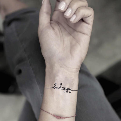 fake small be happy lettering temporary tattoo sticker design idea on wrist