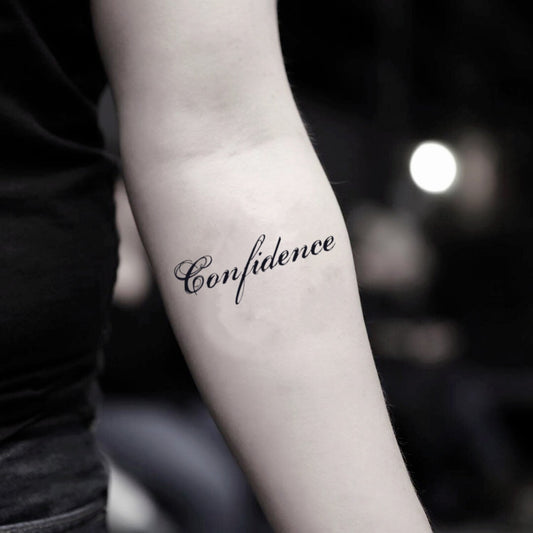 fake small self confidence lettering temporary tattoo sticker design idea on inner arm