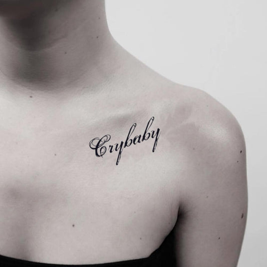 fake small crybaby cry baby lettering temporary tattoo sticker design idea on shoulder