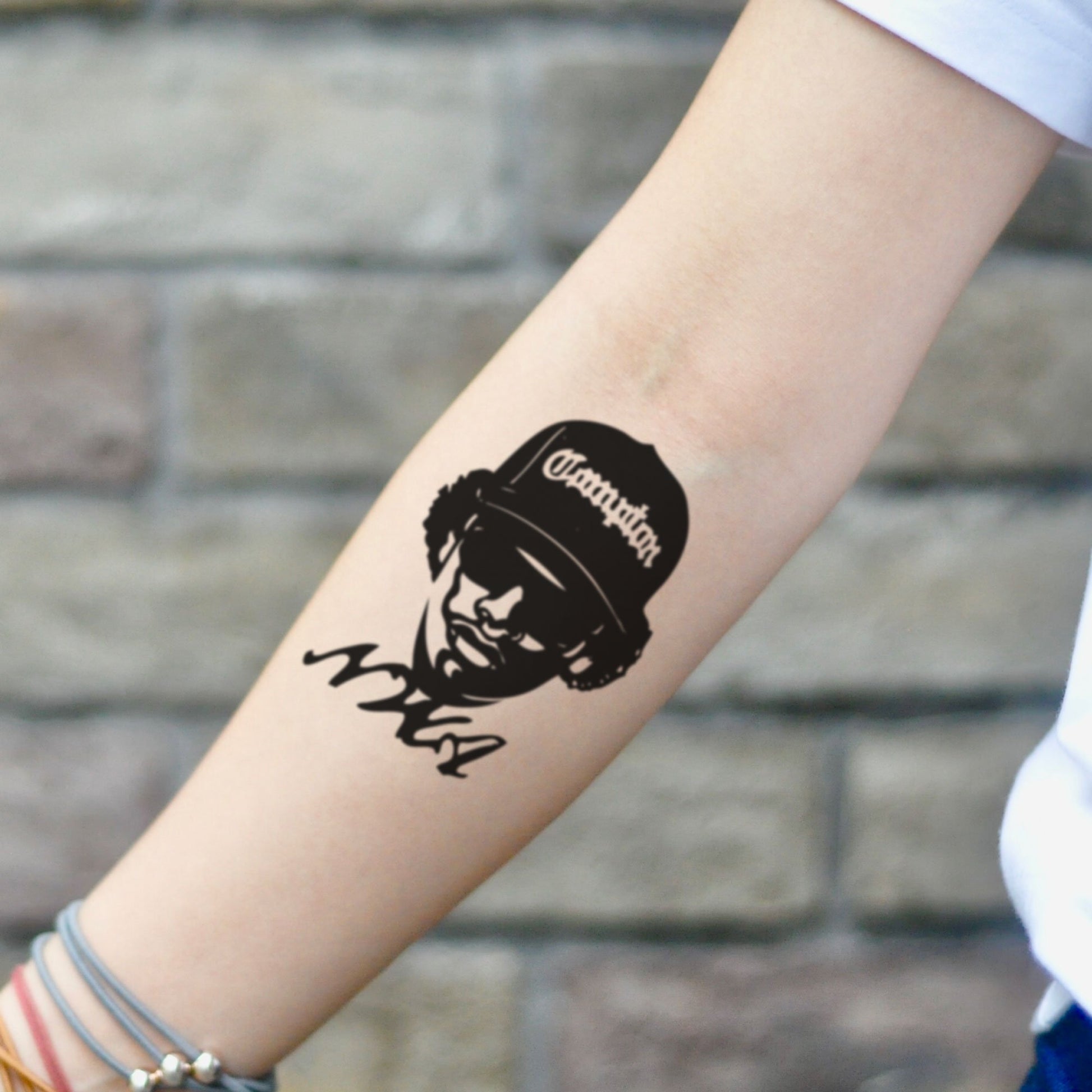 fake small eazy e Portrait temporary tattoo sticker design idea on inner arm