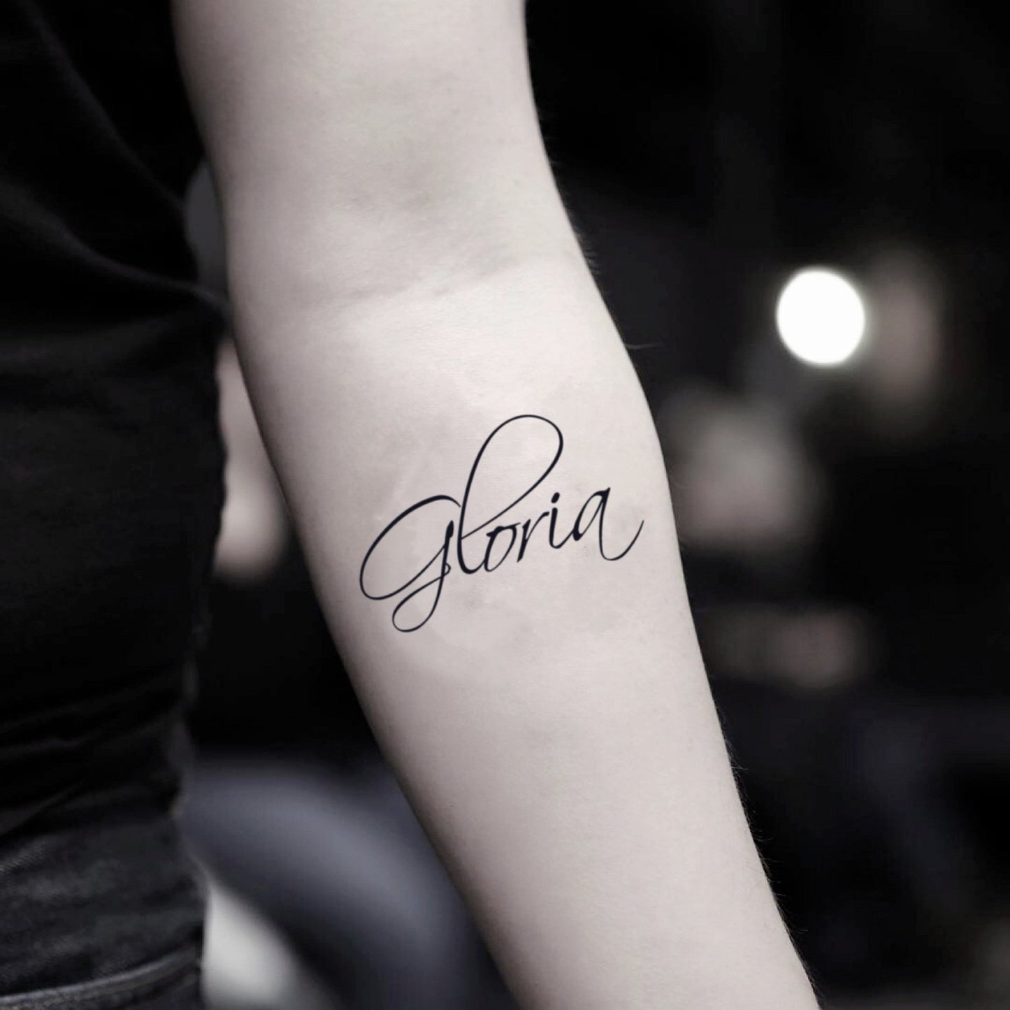 fake small gloria lettering temporary tattoo sticker design idea on inner arm