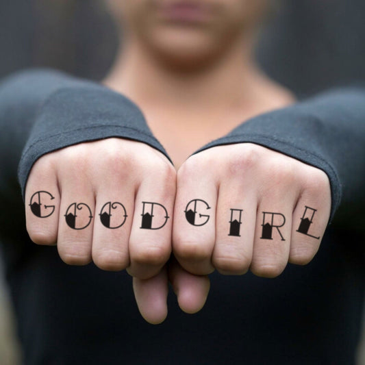 fake small good girl lettering temporary tattoo sticker design idea on finger