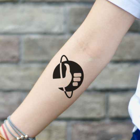 fake small hitchhiker's guide to the galaxy don't panic minimalist temporary tattoo sticker design idea on inner arm