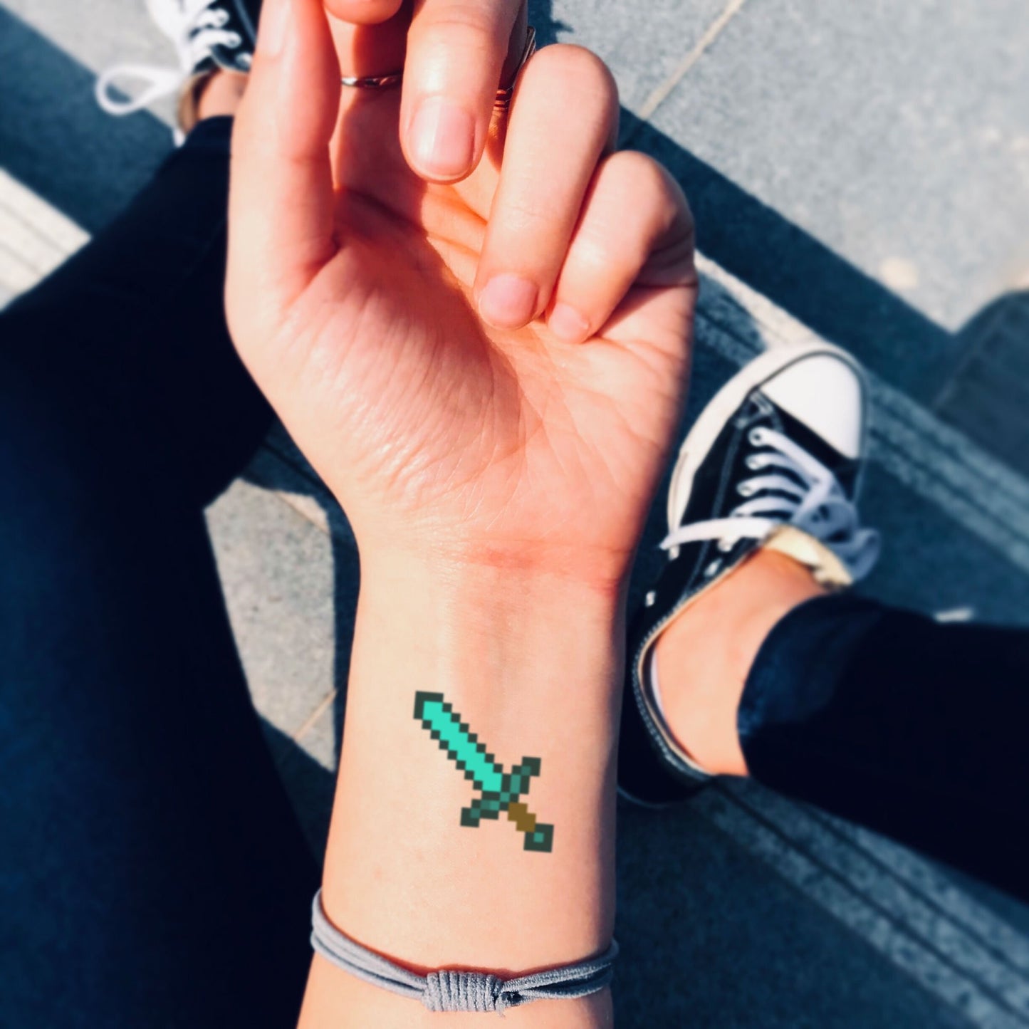 fake small pixelated minecraft runescape 8 bit pixel art color temporary tattoo sticker design idea on wrist