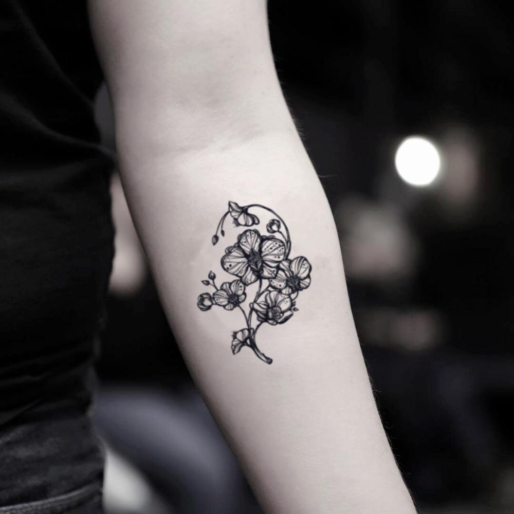 fake small black orchid elderflower orquidea flower temporary tattoo sticker design idea on inner arm