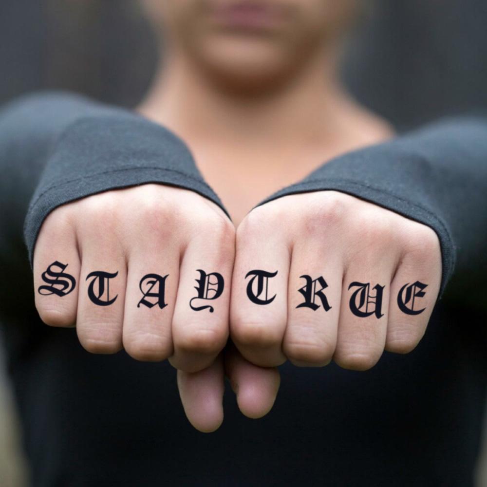 fake small stay true lettering temporary tattoo sticker design idea on finger