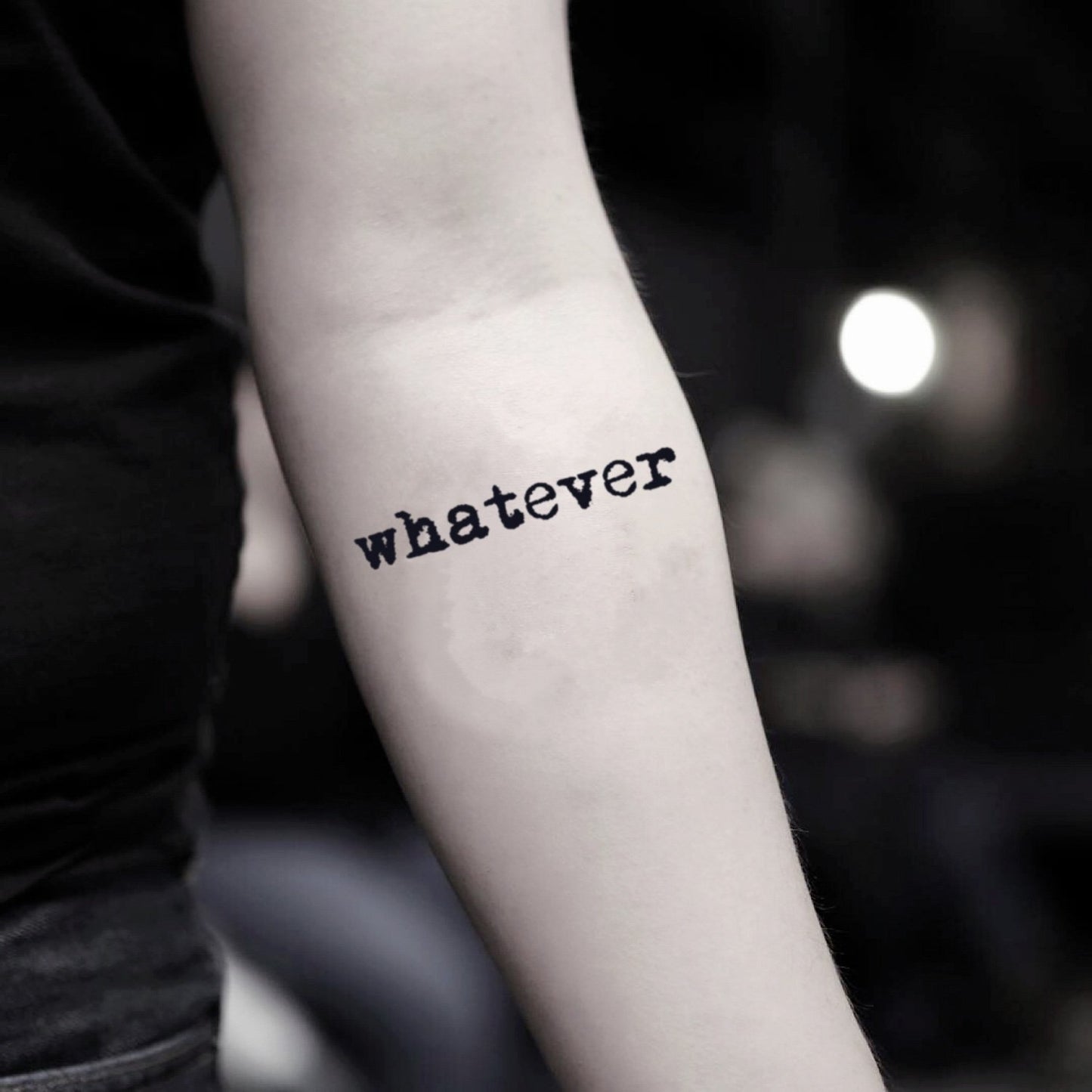 fake small whatever lettering temporary tattoo sticker design idea on inner arm